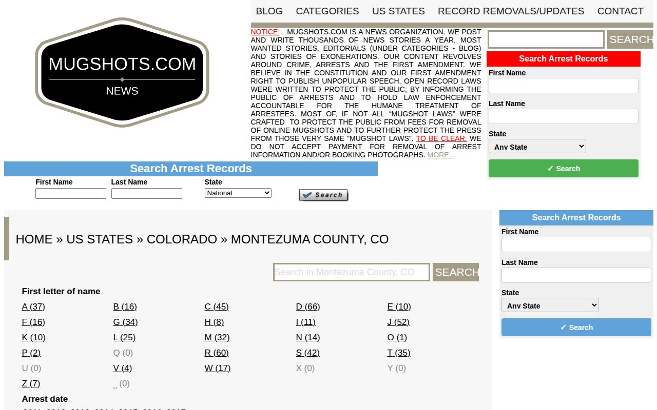Unofficial historical Montezuma County mugshot index with older arrest year filters