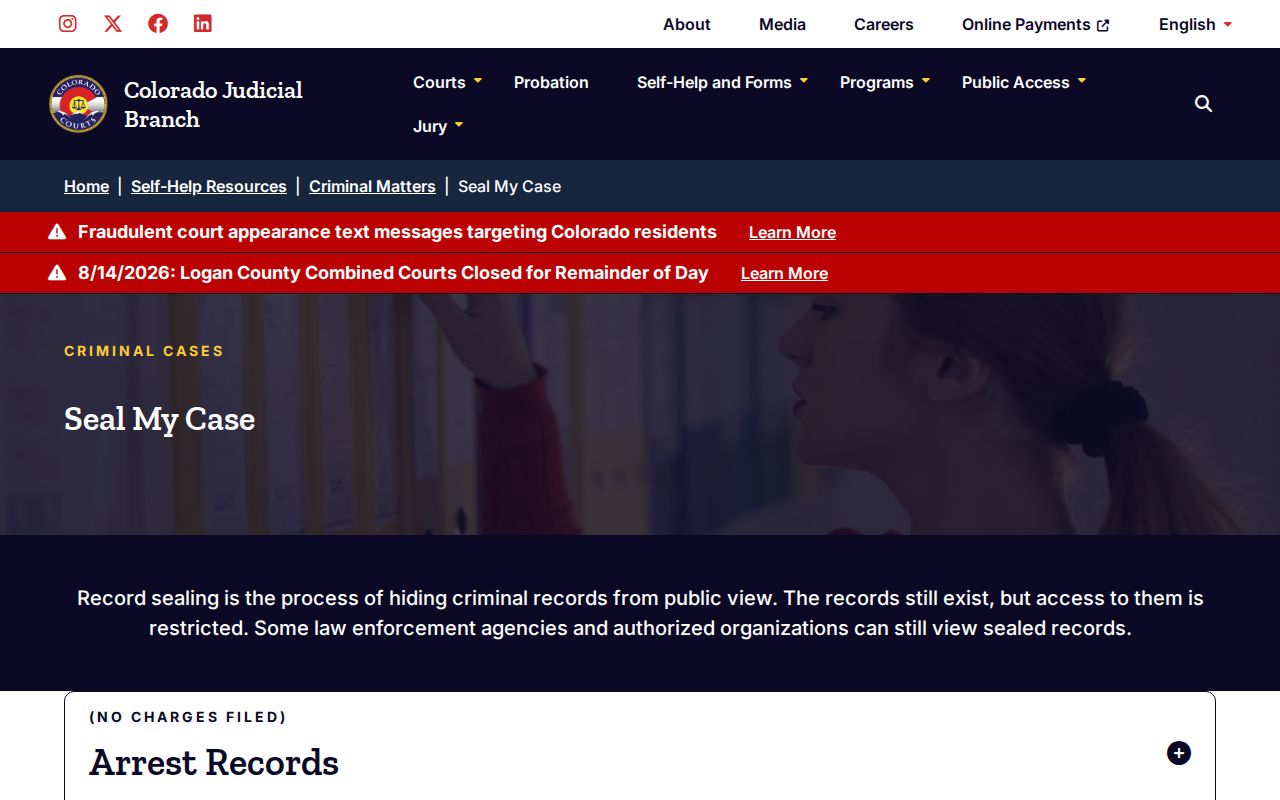 Colorado Judicial sealing forms for Montezuma County arrest and booking records