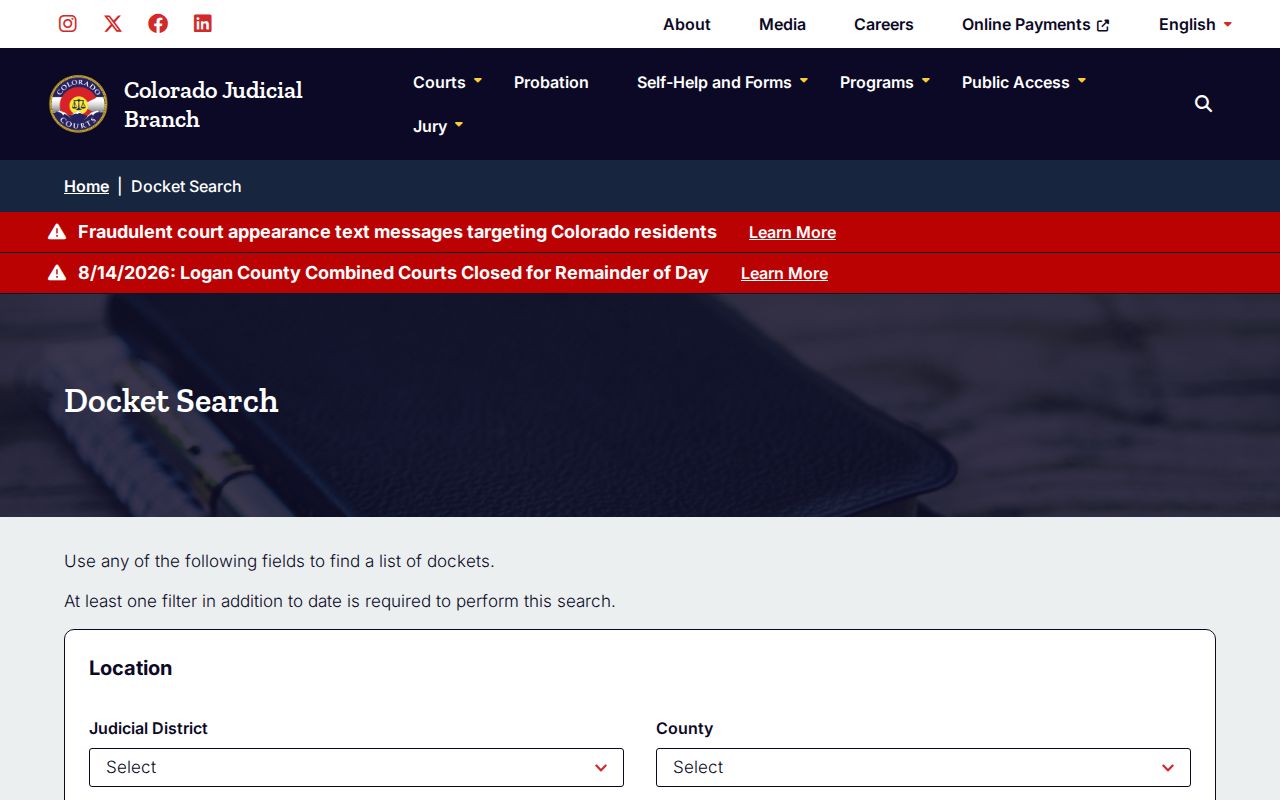 Montezuma County warrant check through the Colorado Judicial docket search